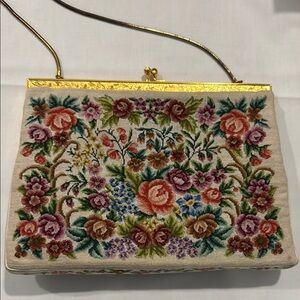 Vintage 50s style Floral Tapestry Embroidered Clutch with Gold Accents